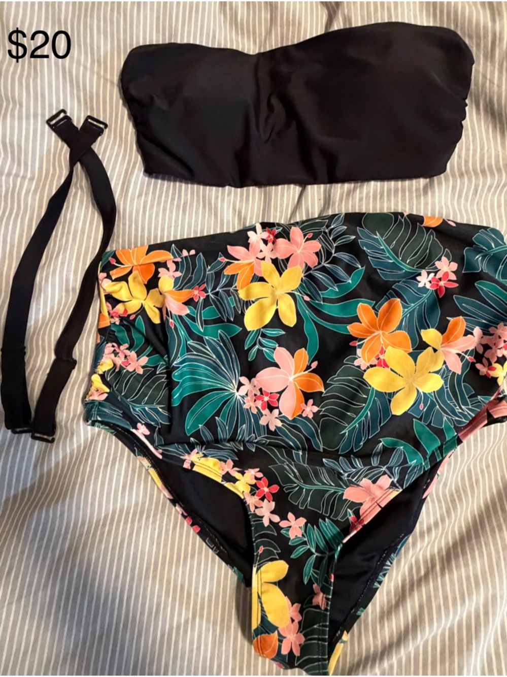 Maternity Black Bandeau Bikini Top with Tropical High-Waist Bottoms - Floral